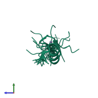 PDB entry 2rv5 coloured by chain, ensemble of 20 models, side view.