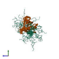 PDB entry 2rvb coloured by chain, ensemble of 20 models, side view.