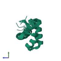 PDB entry 2rvc coloured by chain, ensemble of 10 models, side view.