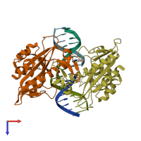 PDB entry 2rve coloured by chain, top view.