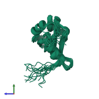 PDB entry 2rvj coloured by chain, ensemble of 15 models, side view.