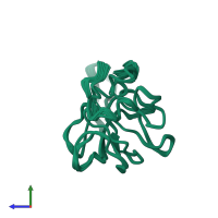 PDB entry 2tmp coloured by chain, ensemble of 49 models, side view.