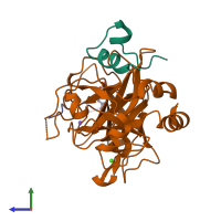 PDB entry 2uuf coloured by chain, side view.