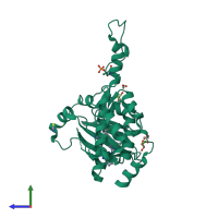 PDB entry 2uv2 coloured by chain, side view.