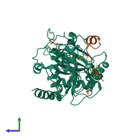 PDB entry 2uvz coloured by chain, side view.