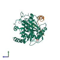 PDB entry 2uw7 coloured by chain, side view.