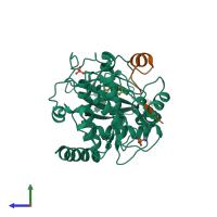 PDB entry 2uw8 coloured by chain, side view.