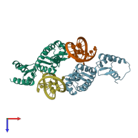 PDB entry 2uwm coloured by chain, top view.