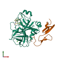 PDB entry 2uwp coloured by chain, front view.