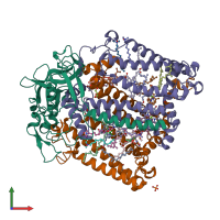 PDB entry 2uwt coloured by chain, front view.
