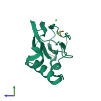 PDB entry 2uxf coloured by chain, side view.