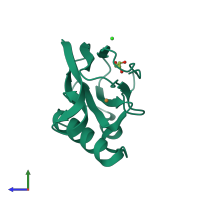 PDB entry 2uxg coloured by chain, side view.