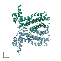 PDB entry 2uxi coloured by chain, front view.
