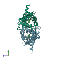PDB entry 2uxi coloured by chain, side view.