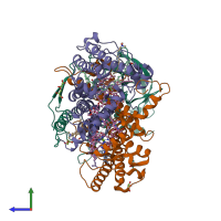 Hetero trimeric assembly 1 of PDB entry 2uxl coloured by chemically distinct molecules, side view.