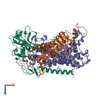 Hetero trimeric assembly 1 of PDB entry 2uxl coloured by chemically distinct molecules, top view.