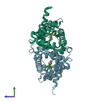 PDB entry 2uxp coloured by chain, side view.