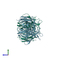 PDB entry 2uxt coloured by chain, side view.