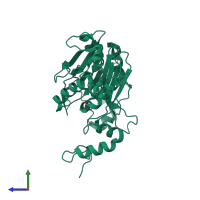 PDB entry 2uxy coloured by chain, side view.