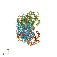 PDB entry 2uzb coloured by chain, side view.