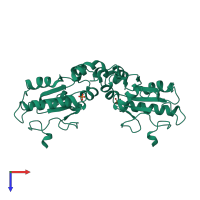 Homo dimeric assembly 2 of PDB entry 2uzq coloured by chemically distinct molecules, top view.