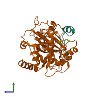 Hetero dimeric assembly 1 of PDB entry 2uzv coloured by chemically distinct molecules, side view.