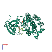 Monomeric assembly 1 of PDB entry 2v7a coloured by chemically distinct molecules, top view.