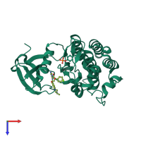 Monomeric assembly 2 of PDB entry 2v7a coloured by chemically distinct molecules, top view.