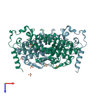 PDB entry 2v8t coloured by chain, top view.
