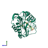 Monomeric assembly 1 of PDB entry 2vck coloured by chemically distinct molecules, side view.