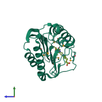 Monomeric assembly 2 of PDB entry 2vck coloured by chemically distinct molecules, side view.