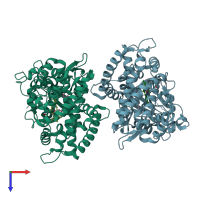 PDB entry 2ve3 coloured by chain, top view.