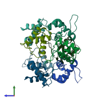 PDB entry 2ve8 coloured by chain, side view.