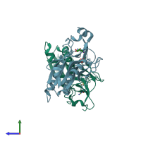 PDB entry 2vfa coloured by chain, side view.