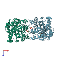 PDB entry 2vfi coloured by chain, top view.