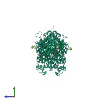 Homo dimeric assembly 1 of PDB entry 2vja coloured by chemically distinct molecules, side view.