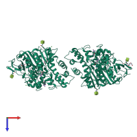 Homo dimeric assembly 1 of PDB entry 2vja coloured by chemically distinct molecules, top view.