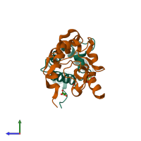 PDB entry 2vlq coloured by chain, side view.