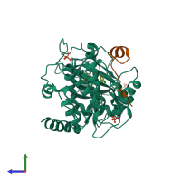 Hetero dimeric assembly 1 of PDB entry 2vo3 coloured by chemically distinct molecules, side view.