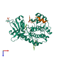 Hetero dimeric assembly 1 of PDB entry 2vo7 coloured by chemically distinct molecules, top view.