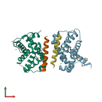 PDB entry 2vof coloured by chain, front view.