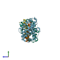 PDB entry 2vof coloured by chain, side view.