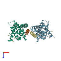 PDB entry 2vof coloured by chain, top view.