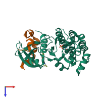 Hetero dimeric assembly 1 of PDB entry 2vrx coloured by chemically distinct molecules, top view.