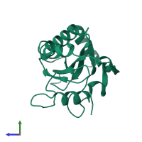 PDB entry 2vup coloured by chain, side view.