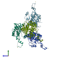 PDB entry 2vwi coloured by chain, side view.