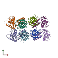 PDB entry 2vzk coloured by chain, front view.