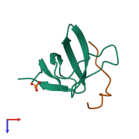 Hetero dimeric assembly 1 of PDB entry 2w10 coloured by chemically distinct molecules, top view.