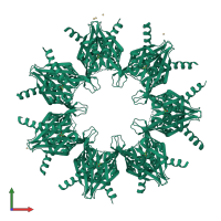 Homo 14-meric assembly 1 of PDB entry 2w2c coloured by chemically distinct molecules, front view.
