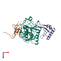 Hetero trimeric assembly 1 of PDB entry 2w2m coloured by chemically distinct molecules, top view.